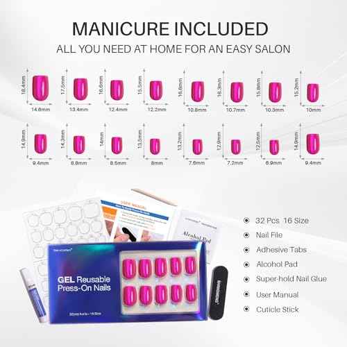 Hot Pink Press on Nails Short - Cat Eye Press on Nails Square for Women Gift, Natural Fit & Glossy Stick on Nails in 16 Sizes - 32 Reusable Soft Gel Fake Nails with Glue, Hot Pink