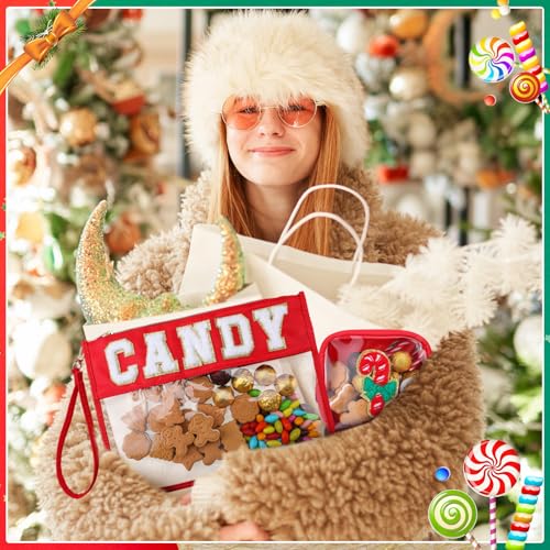 Hillban 2 Pcs Christmas Gifts Chenille Letter Bags Xmas Makeup Cosmetic Bag Clear Toiletry Zipper pouch Candy Canes purse Waterproof Travel Purse Preppy Things for Women Holiday Present