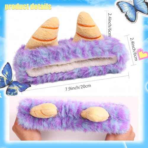 Face Wash Headband,Shaggy Monsters Headband with Horn Makeup Elastic Hairband Skincare Headbands for Women Cartoon Hair Accessories (Blue and Purple, Normal)