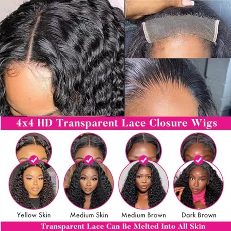 Josblue 4x4 Deep Wave Lace Front Wigs Human Hair Wigs,Wet and Wavy Lace Frontal Wig 180% Density HD Transparent Lace 100% Unprocessed Virgin Human Hair for Black Women Natural Color (22 Inch)