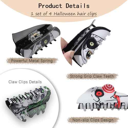 4pcs Spooky Halloween Hair Accessories, 4inch Large Scream Mask Claw Clips, Fun Halloween Hair Clips, Skull Ghost Decorative Claw Clips, Cyberpunk Green Hair Water Ghost Hair Clips