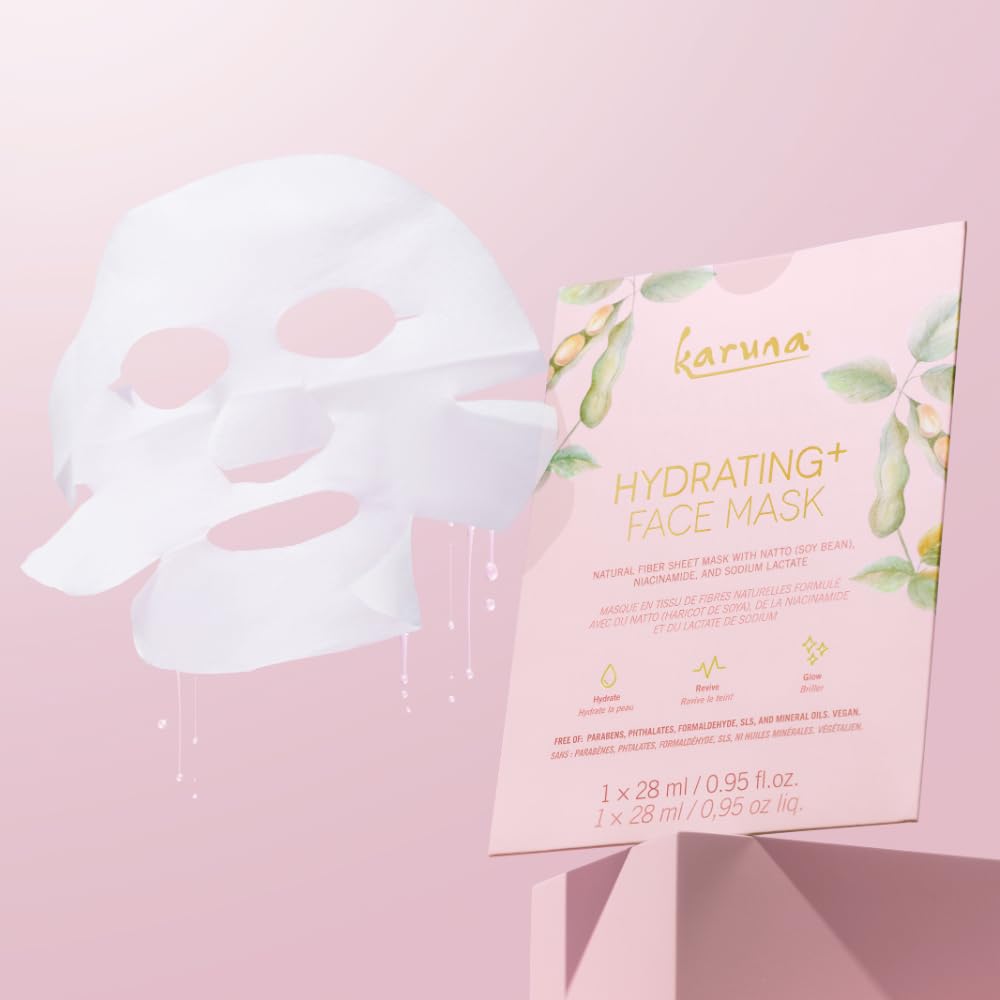 Karuna Hydrating+ Sheet Masks 4-Pack | Deep Moisturizing K-Beauty Face Masks with Hyaluronic Acid & Peptides | For Dry, Aging Skin | Vegan & Cruelty-Free