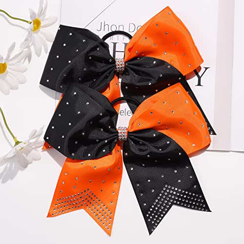 CEELGON Large Rhinestones Cheer Bows, 12 PCS Glitter 7" Cheer Bows Ponytail Holder for Cheerleaders Girls Softball Sports Competition (Orange/Black)