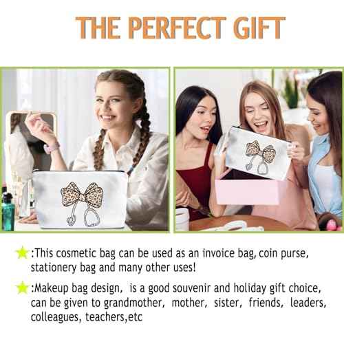 Leopard Bow Stethoscope Nurse Makeup Bag - Trendy Nurse Themed Gifts for Lovers Girls Mom Women, Bow Stethoscope Nurse Cosmetic Bag, Nursing Student Gifts, Canvas Zipper Makeup Bag