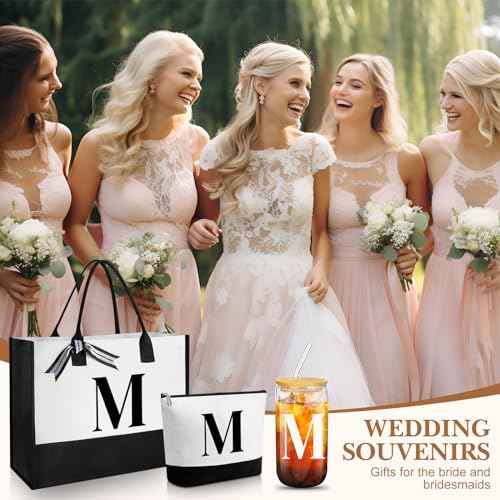 Aliceset Initial Gifts for Women Monogram Canvas Tote Bag and Makeup with Zipper and Initial Glass Coffee Cup Gifts for Her