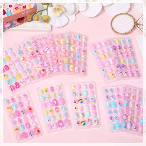 288 Pieces Kids Nails Press ons for Girls, Acejoz Fake Nail Set Pre Glue Stick on Short Nails for Children Little Girls 8-12 Year Nail Art Decoration
