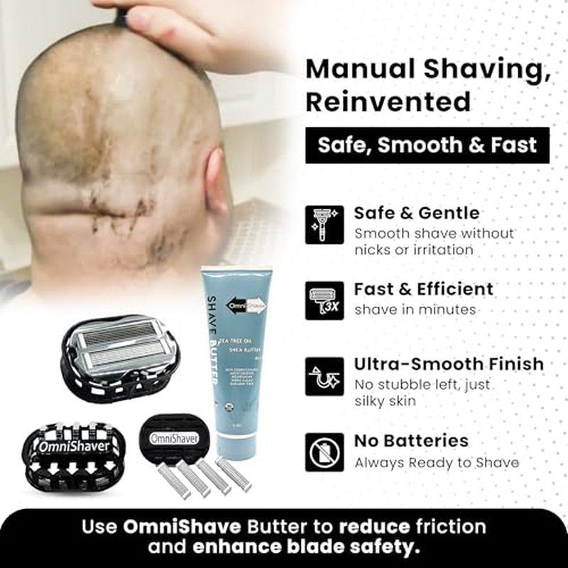 Premium Omnishaver Kit - The Fastest Way to Shave Head, Legs, Arms, Body | An Alternative to Disposable Shaving Razors Self Cleans & Strops During Use with Shave Butter & Replacement Cartridge - White