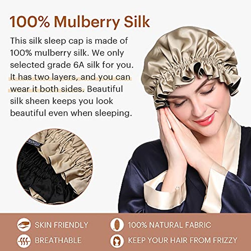 LilySilk Pure Silk Lined Cap for Women Sleep, Double Layered, Adjustable Ribbons, Luxury Natural Silk Bonnet Cap for Sleeping Coffee+Black