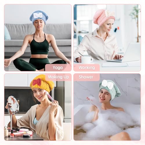 Microfiber Hair Drying Caps, 5-Pack Extra Soft and Ultra Absorbent Fast-Drying Hair Turban Wraps, Shower Caps for Girls and Women with Cute Bowtie Design£¨11" L x 10" W£©