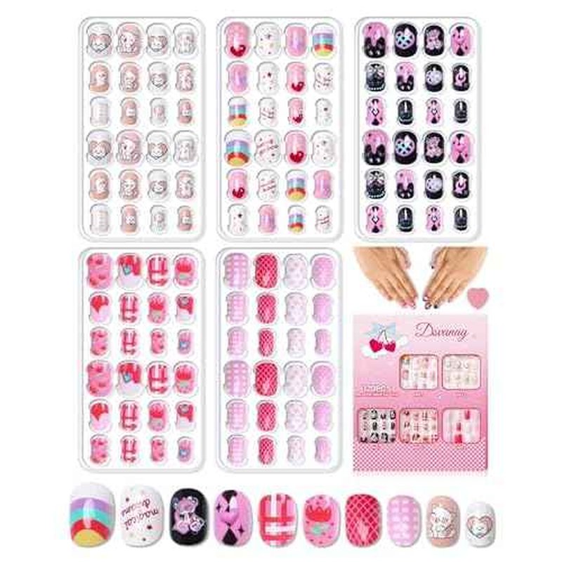 120PCS 5 Pack Press on Nails for Kids,Tweens Girls Soft Fake Nail Kit, Reusable Creative Design kids Nails, Full Cover Glitter Stick on Nails Girl Nails for Kids Ages 8-12