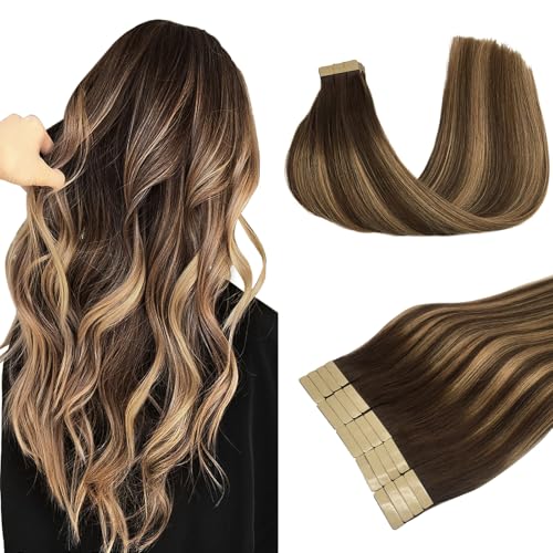 DOORES Human Hair Extensions Tape in Balayage Chocolate Brown to Caramel Blonde 18 Inch Natural Tape in Hair Extensions Seamless Straight Real Remy 50g 20pcs