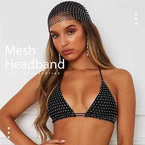 JEAIRTS Rhinestone Head Scarf Sparkly Mesh Headband Stretchy Crystal Nightclub Headwrap Rave Hair Accessories for Women (1-Black, Free Size)