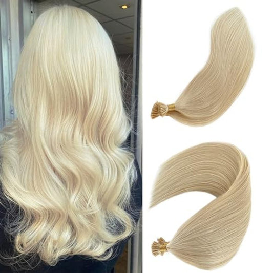 I Tip Human Hair Extension Platinum I Tips Real Hair Extensions for Women 50s 50g Keratin Cold Fusion Pre Bonded Itip Blonde Hair Extensions 22 Inch Silky Straight for Blonde Hair