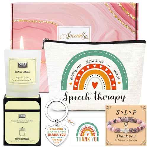 Keluna Speech Therapy Appreciation Gifts - 5Pcs SLP Gifts Set for Women, Speech Pathologist Therapist Thank You Birthday Christmas Gift with Lavender Scented Candles, Makeup Bag, Bracelets, Keychain