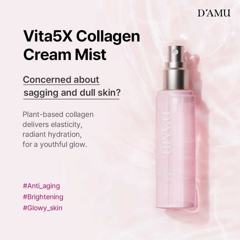 D'AMU Collagen Cream Face Mist – Hydrating & Radiance-Boosting Facial Spray with Vita 5X Multi-Vitamin Complex for Elasticity Care & Radiant Glow – Korean Skincare Gift for Women – 3.38 fl.oz.