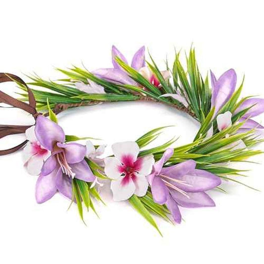 Hawaiian Leis Flower Headband - Hawaii Floral Headpiece Tropical Luau Flower Crown with Ribbon Lei Luau Dress Up Accessory Summer Beach Wedding Party Festival Photos (Purple, Pink)