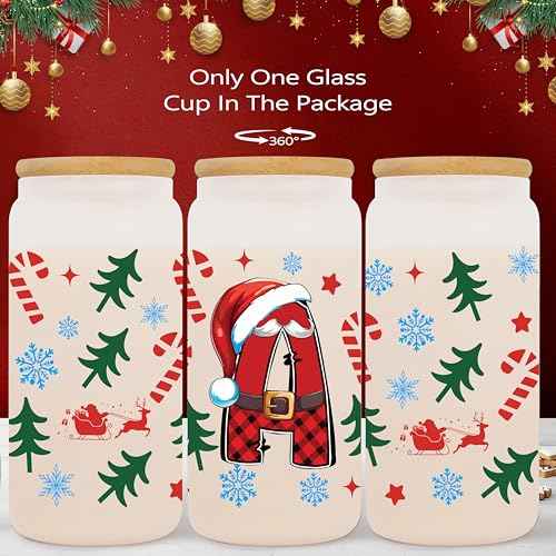 Christmas Gifts for Women - Initial Glass Cup Makeup Bag, Christmas Decorations, Stockings, Scented Candles, Card & Keychain Set for Her