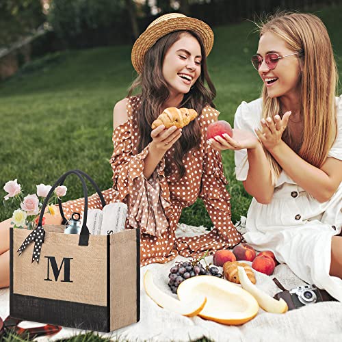 BeeGreen Initial Canvas/Jute Tote Bag Personalized Bag for Wedding, Birthday, Beach, Gift for Women, Mom, Teacher,Friend