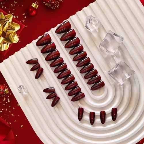KQueenest Dark Red Press on Nails Cat Eye, Burgundy Glitter Press on Nails Almond Medium, Sparkly Shiny Fake Nails Set, Cute Bling Glue on Nails Medium for Women Christmas, Gothic Design, 30 Pcs