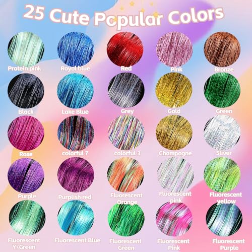 25 Colors Tinsel Hair Extension Heat Resistant With Tool,48 Inches 6000 Strands Fairy Hair extension kit for Halloween Cosplay Christmas New Year Birthday Theme Party,Highlights Sparkling Glitter Hair