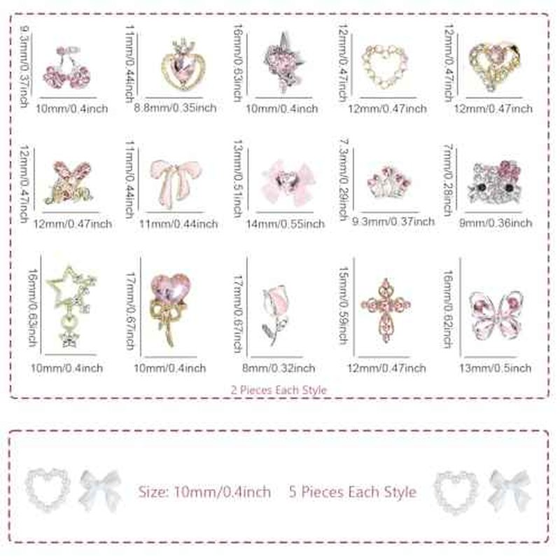 40PCS Nail Charms Y2k Pink Gold Nail Art Rhinestone Charms 3D Heart Star Bow Cherry Nail Gems for Acrylic Nail Accessories for Women Girl Manicure DlY Crafts Supplies