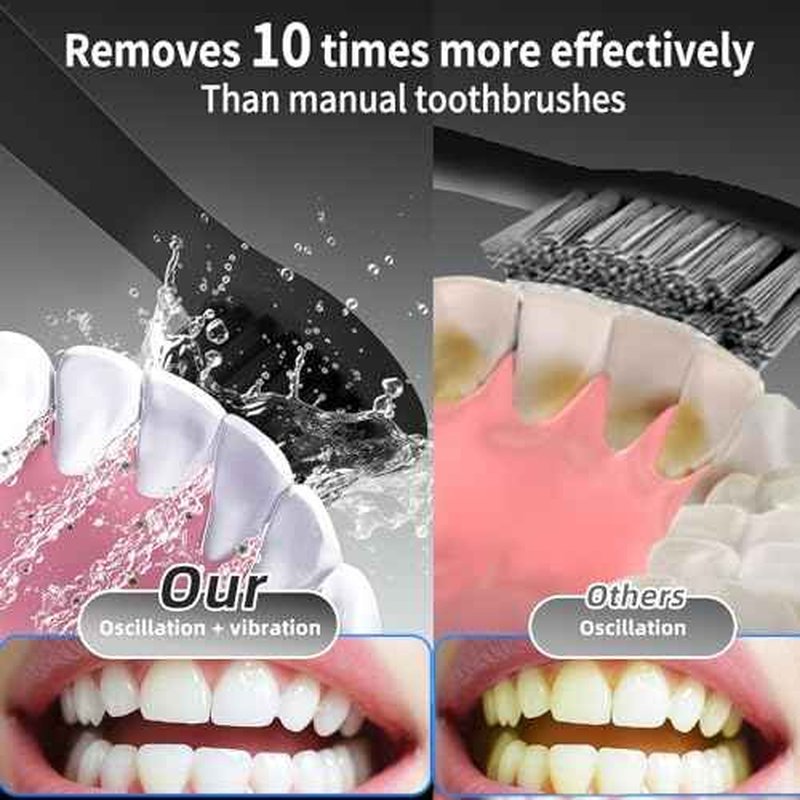 Rooman Oscillation&Vibration Sonic Electric Toothbrush for Adults, with 8 Brush Heads for Travel & Teeth Care, 20000 VPM, 3 Cleaning Modes, 2-Minute Timer, IPX7 Waterproof (Black)