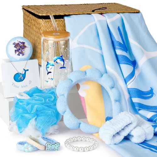 Golray Birthday Gifts for Women, Self Care Spa Gift Set for Women with Beach Towel, Glass Cup, Bath Bombs & Hair Accessories, Christmas Blue Gift Basket for Her, Girlfriend, Sister, Mom, Friends