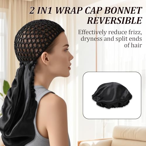 2 In1 Wrap Cap Bonnet Reversible,Adjustable Hair Wrap Cap Nettie Band Net,Extra Long Hair Silk Press Set Braid Bonnet for Curly Black