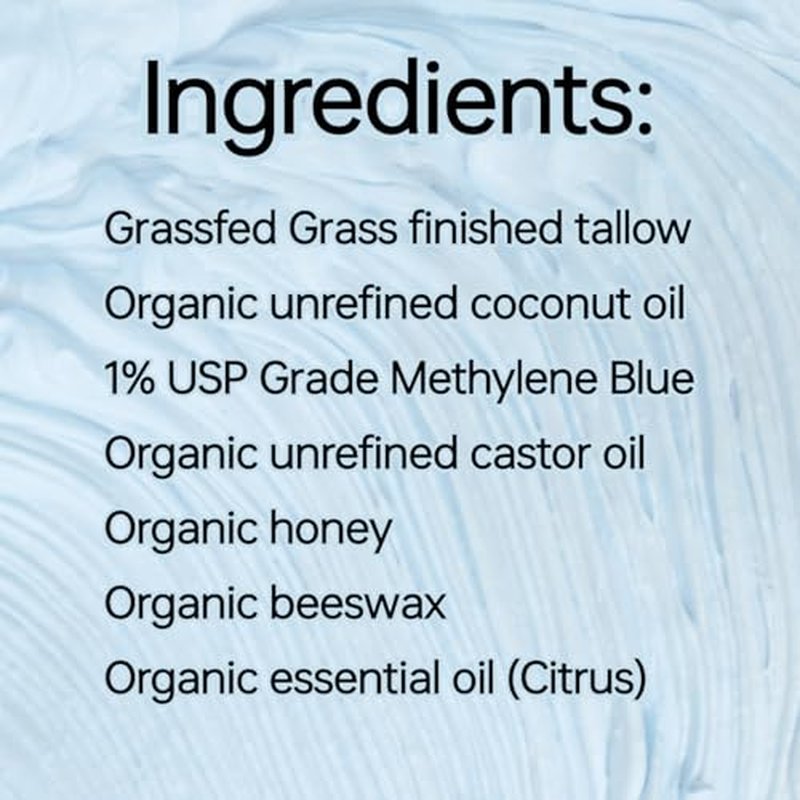 Methylene Blue Infused Whipped Grass Fed Beef Tallow Balm, Anti-Aging, Moisturizer, Stretchmarks, Rosacea, Psoriasis, Eczema, Acne, All skin types, Organic Ingredients 3.4oz