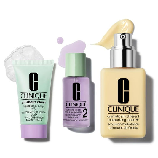 Clinique Great Skin, Great Deal Gift Set For Dry Combination Skin Type II | All About Clean Mild Liquid Soap, Clarifying Lotion + Dramatically Different Lotion | Includes 3 Travel Size Pieces