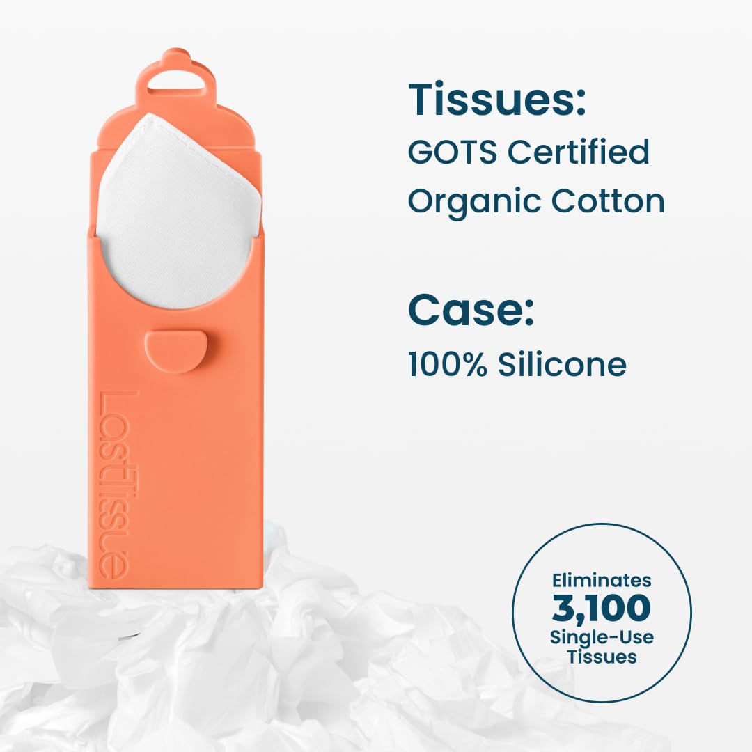 LastTissue® Reusable Cotton Tissue Pack | Face Towels & Handkerchiefs for Men & Women – Washable, Sustainable Facial Tissue with Storage Case - Peach