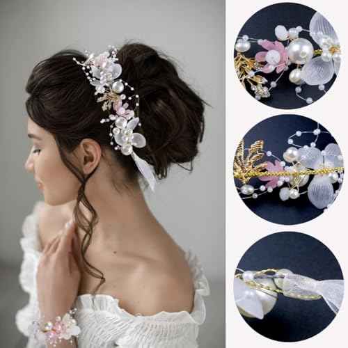 LAPOHI 2 Pieces Wedding Flower Headpieces for Girls, Flower Girl Hair Accessories for Wedding Rhinestones Flower Headband Fairy Pearl Flower Crown for Girls Bridal Crystal Flower Tiara for Women