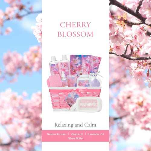 Bath & Body Gift Set, Luxury Home Spa Bath Gift Basket, Cherry Blossom spa kit for women,bath basket Christmas Gifts for Women & Teens, 12 Pcs Bath Spa Kit for women Body Kit Birthday Gift Christmas