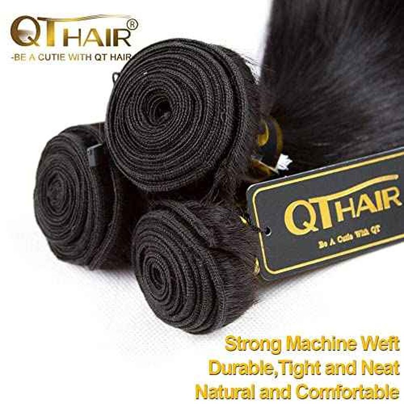 QTHAIR 16A Straight Human Hair 100% Unprocessed Brazilian Virgin Straight Hair Weave Brazilian Straight Hair Extensions (18" 20" 22",300g,Natural Black)