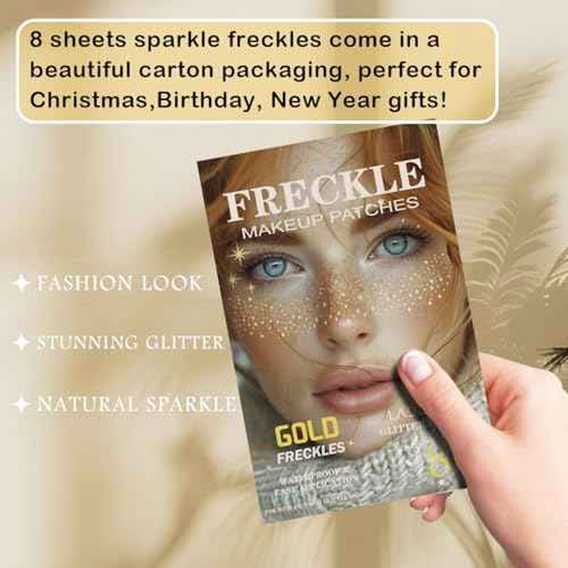 8 Pcs Gold Face Makeup Patches, Gold Glitter Freckles Face Tattoo, Glitter Freckles, Sparkle Makeup Patches, Waterproof Face Glitter Temporary Tattoos for Women