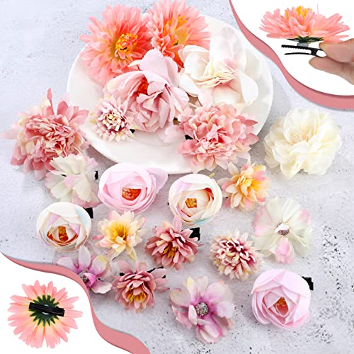BBTO 21 Pcs Flower Hair Clip Rose Hair Clips Barrettes for Women Flower Accessories Boho Bride Claw Clip Hairpin Brooch Pin Headpiece for Wedding(Pink, White)