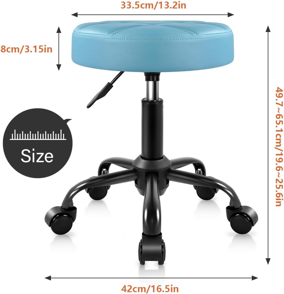 Height Adjustable Rolling Stool Chair - PU Leather, Sky Blue | Perfect for Salon & Spa