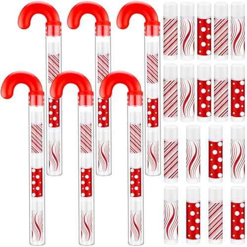 24 Pack Christmas Lip Balm Bulk Peppermint Candy Flavor Lip Balm with Candy Cane Tubes Christmas Party Gifts Stocking Stuffers Holiday Employee Staff Teacher Appreciation Gifts for Women(Stylish)