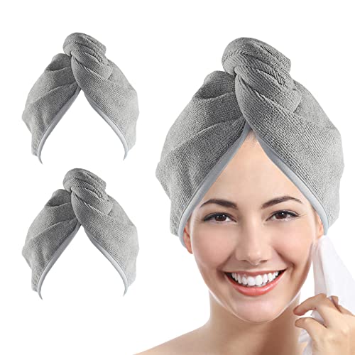 YoulerTex Microfiber Hair Towel Hair Wrap: 2 Pack 10X26 Hair Dryer Towels for Women Absorbent Turban Twist Hair Drying Shower Cap Curly Hair Products for Hair Care Hair Accessories (02 2-Pcs Gray)