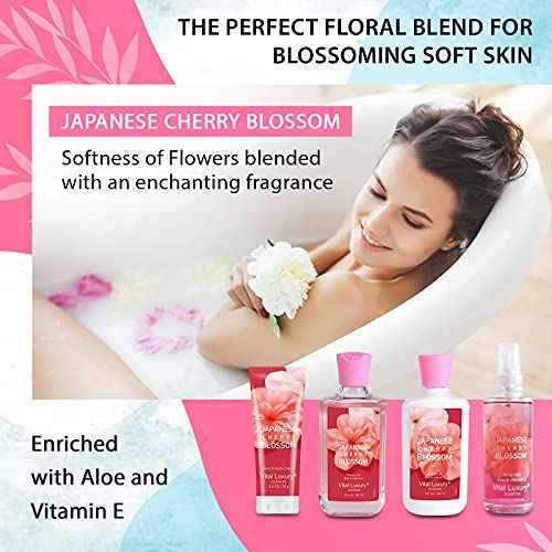 Bath and Body Care Gift Set for Women and Girls, Personal Self-Body Care Travel Set, Japanese Cherry Blossom Spa Home Set with Natural Extracts, 4 Pack - Shower Gel, Body Lotion, Body Mist, Hand Cream