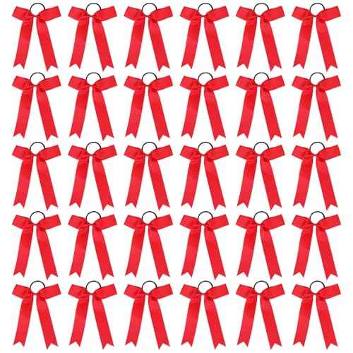 30 PCS College Style Cheer Bows Collegiate Long Tail Skinny Cheer Bow Elastic Hair Tie Bows for Teens Girls Softball Competition Sports Cheerleaders (Red)