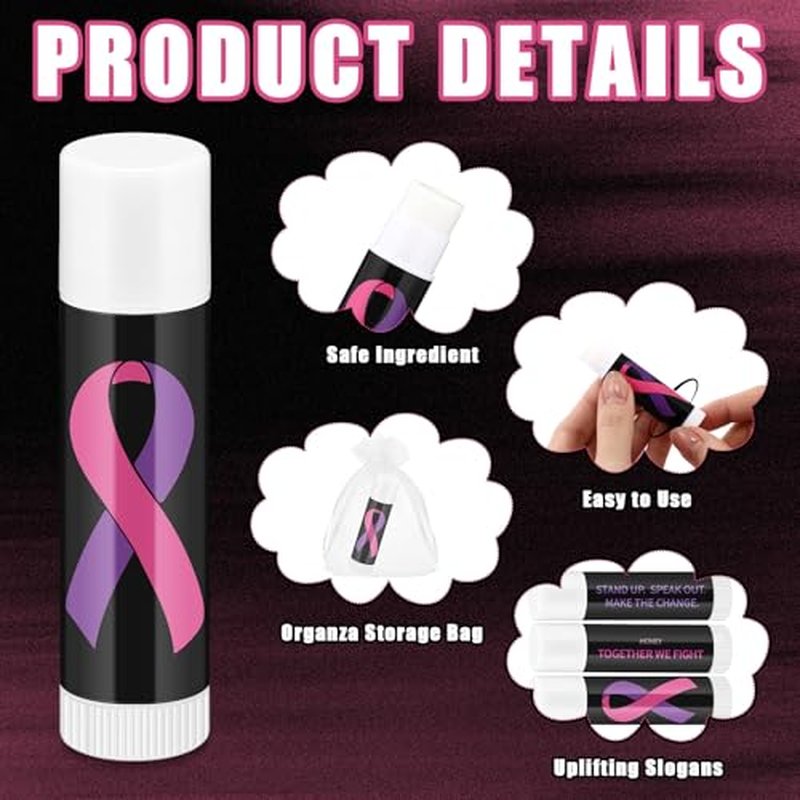 Fumete 100 Pcs Domestic Violence Awareness Items Lip Balm Bulk Pink Ribbon and Purple Ribbon Breast Cancer Awareness Moisturizer and Nourishing Lip Balm Gifts for Women Party Supplies, 4 Scents