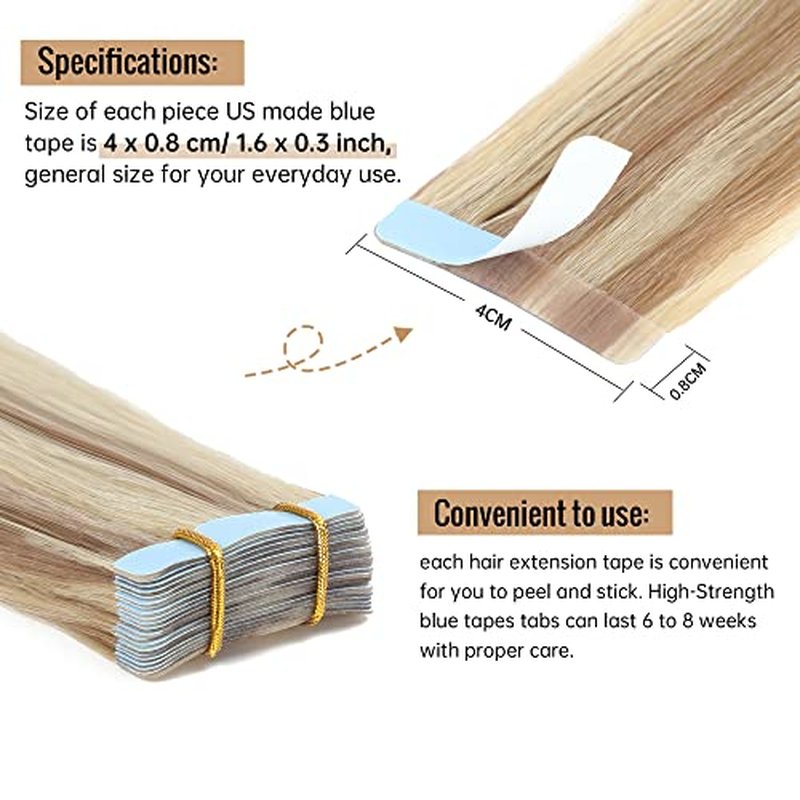 JESSBO Tape in Hair Extensions Human Hair Ash Blonde Highlighted Bleach Blonde 18 inch 20pcs 50g/pack Straight Seamless Skin Weft 100% Real Human Hair (18 Inch #P18/613)