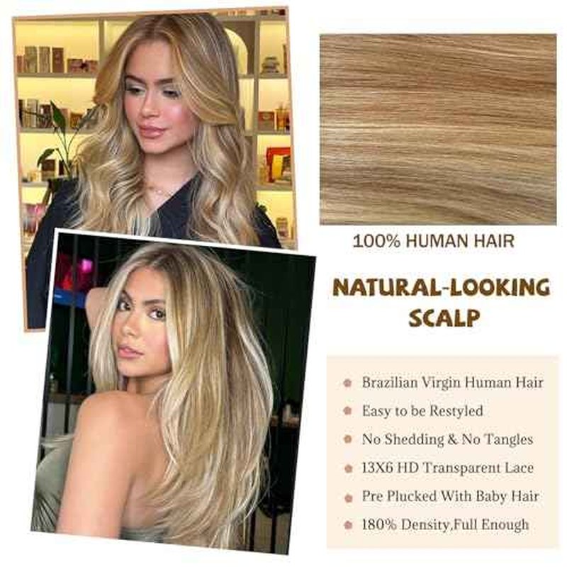 Belaved 24 Inch Highlight Ombre Medium Brown Lace Front Wigs Human Hair Mix Blonde 13x6 Long Straight Balayage Blonde with Brown Roots 180% Density HD Lace Frontal Wig for Women Pre Plucked 8B60A