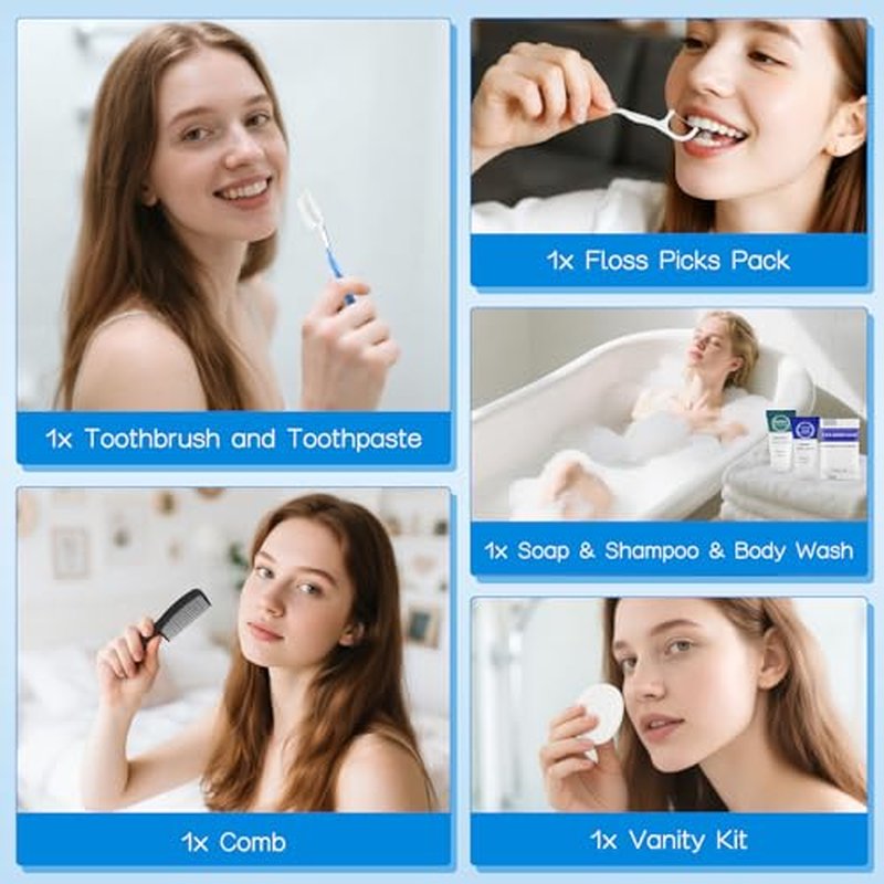 Toiletry Kits Travel Essentials Disposable Hygiene in Bulk, Trial Size Toiletries Supplies Individually Wrapped Traveling Personal Care Items, for Camping, Hotel, Homeless, Charity, 8-in-1 (40-Pack)