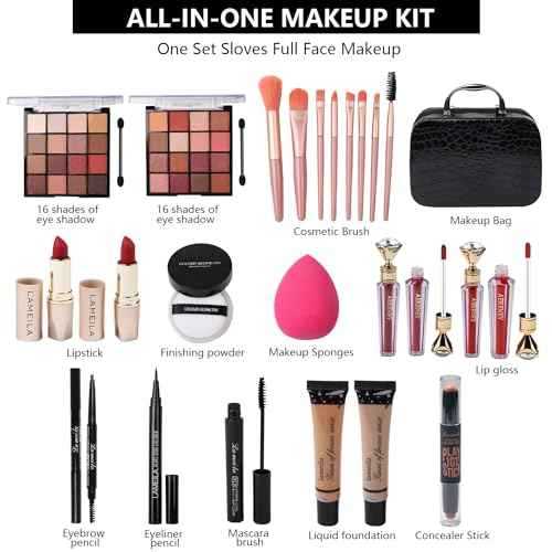 Makeup Kit for Teen Girls, All-in-One Kit with 2X16 Colors Eyeshadow, Liquid Foundation, Eyeliner Pencils, Contouring Stick, Lip Gloss, Eyebrow Pencils & 8 Makeup Brushes (Black)