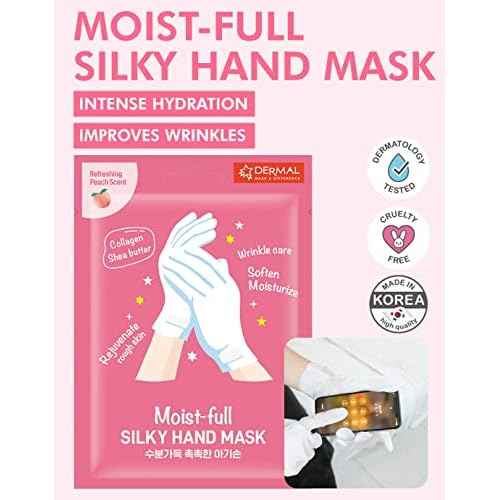 DERMAL Moistfull Silky Hand Mask Gloves 3 Pairs for Dry Hands - Intensive Repairing with Collagen and Shea Butter - Nourishing & Moisturizing Renew Hand Mask - Refreshing Peach Scent
