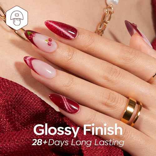 modelones Red Gel Nail Polish Set 6 Colors Christmas Burgundy Cherry Dark Red Cat Eye Glitter Color Changing Hema-Free Gel Polish Kit with Magnet Soak Off Nail Art DIY New Year Thanksgiving Gifts