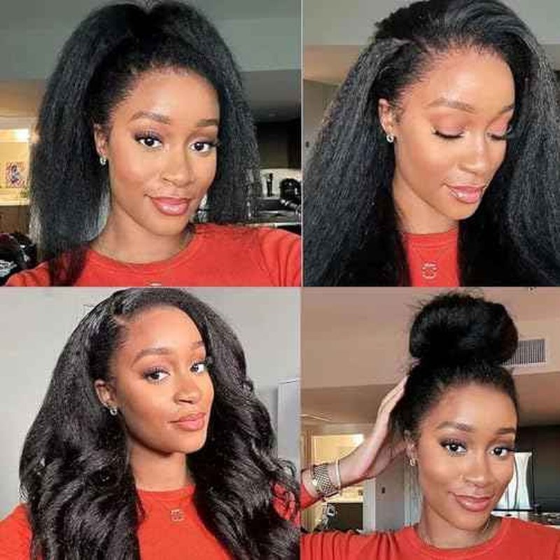 Nvnvdij Kinky Straight Half Wig Human Hair 200% Density Wear Go Glueless Wigs Human Hair 22 Inch Kinky Straight 3 In 1 Half Wigs for Women Drawstring Seamless Flip Headband Wig Beginner Friendly