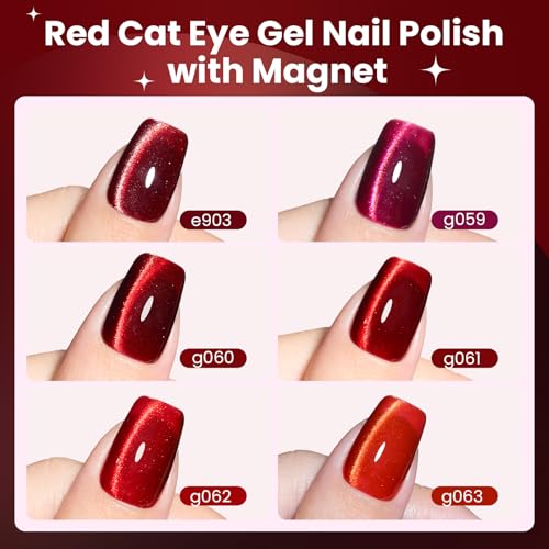 Beetles Red Cat Eye Gel Nail Polish Set - Sultry Burgundy Cat Eye Gel Polish, 6 Colors Burgundy Dark Red Glitter Red Magnetic Fall Gel Polish Kit Soak Off UV Nail Art Salon DIY Manicure Gift for Women